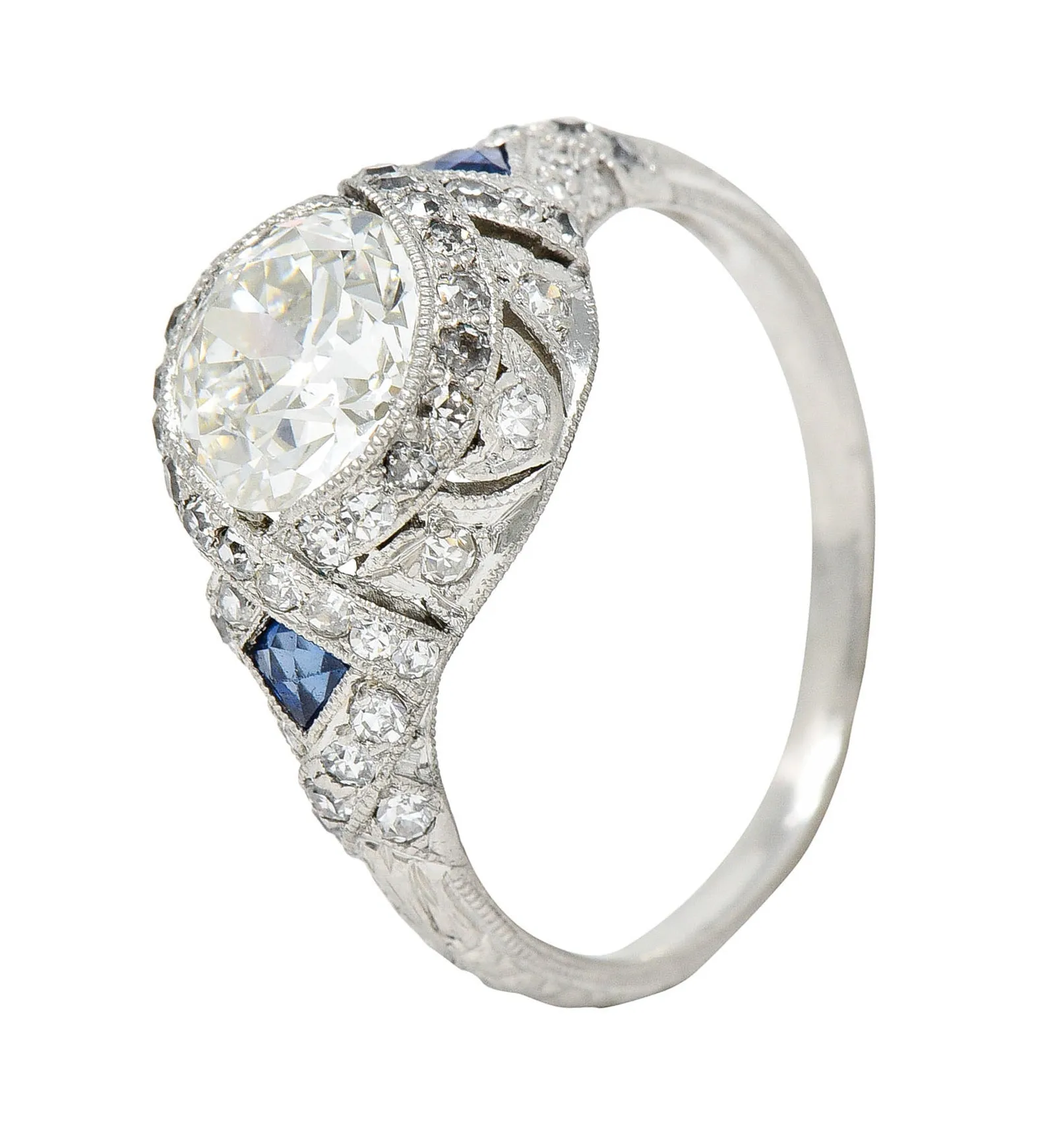 1930's Art Deco 2.57 CTW Diamond Sapphire Platinum Engagement Ring