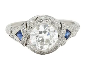 1930's Art Deco 2.57 CTW Diamond Sapphire Platinum Engagement Ring