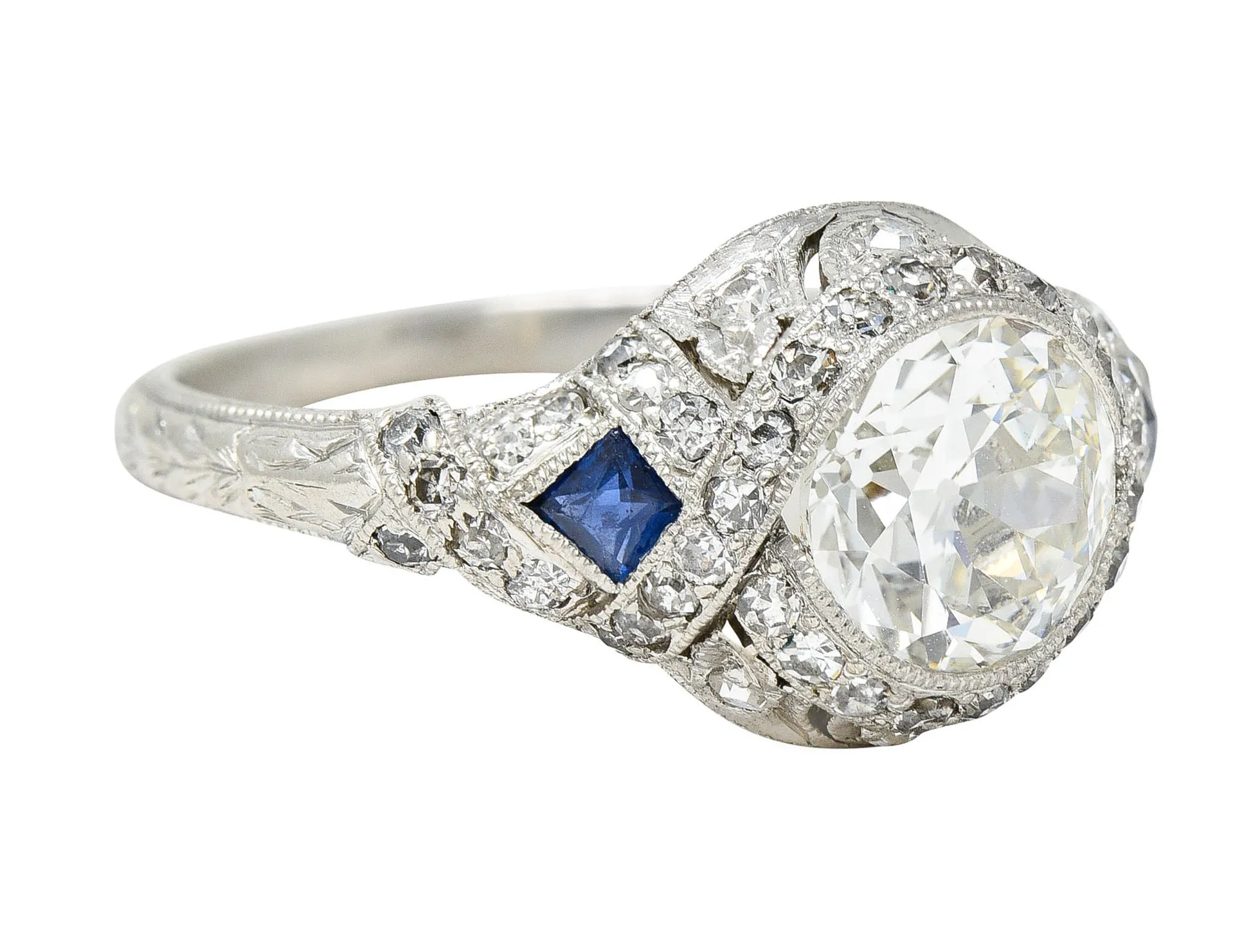 1930's Art Deco 2.57 CTW Diamond Sapphire Platinum Engagement Ring