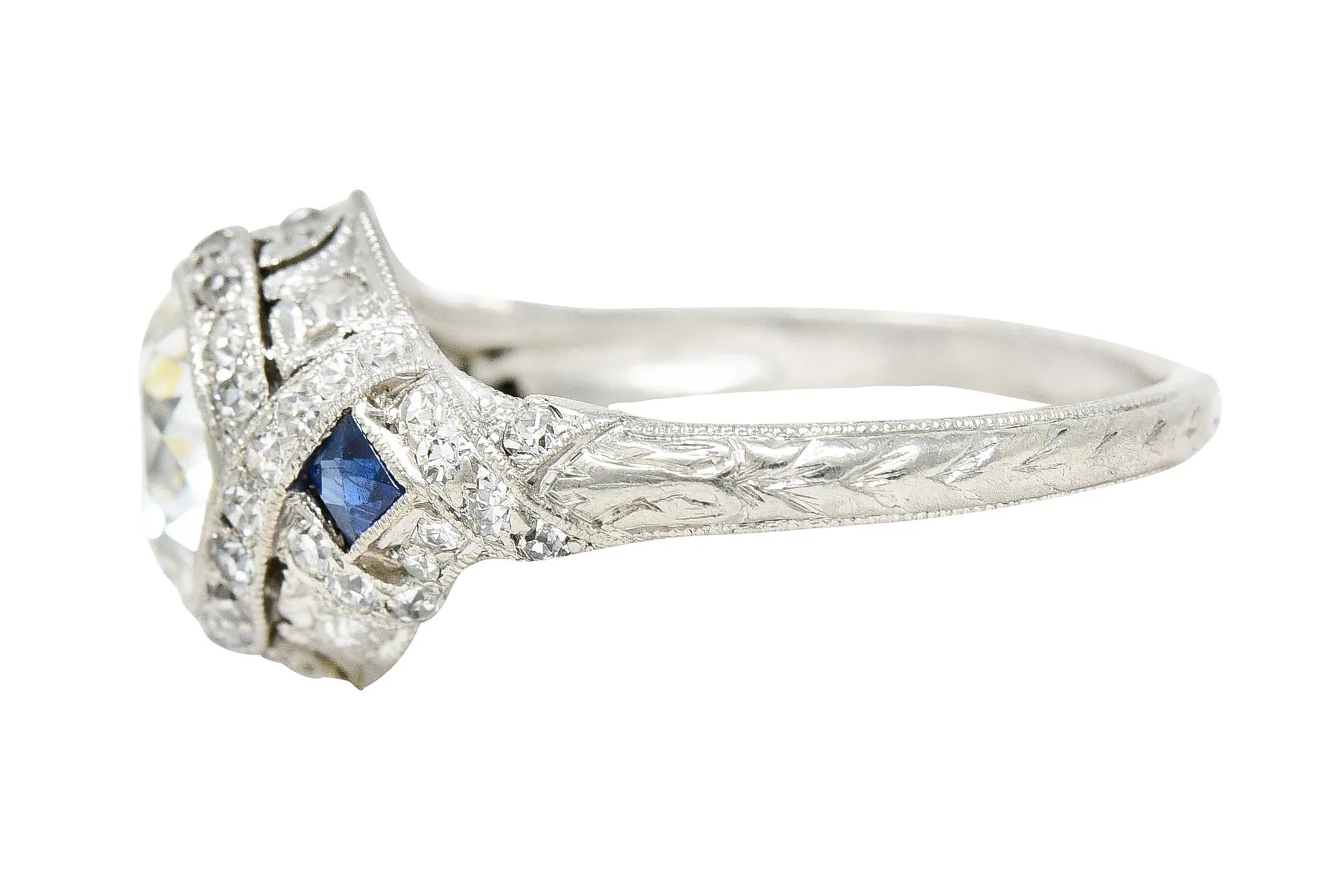 1930's Art Deco 2.57 CTW Diamond Sapphire Platinum Engagement Ring