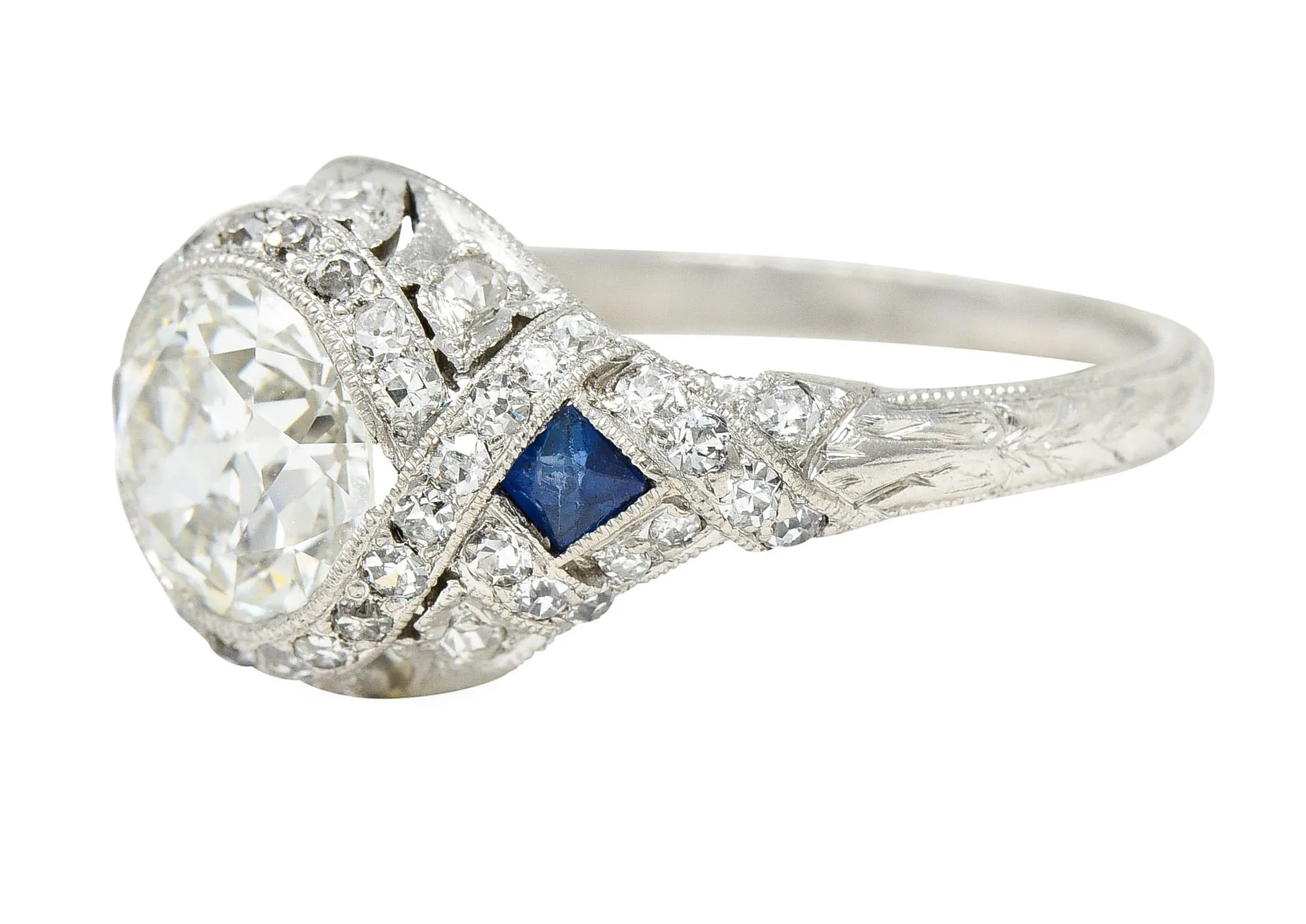 1930's Art Deco 2.57 CTW Diamond Sapphire Platinum Engagement Ring