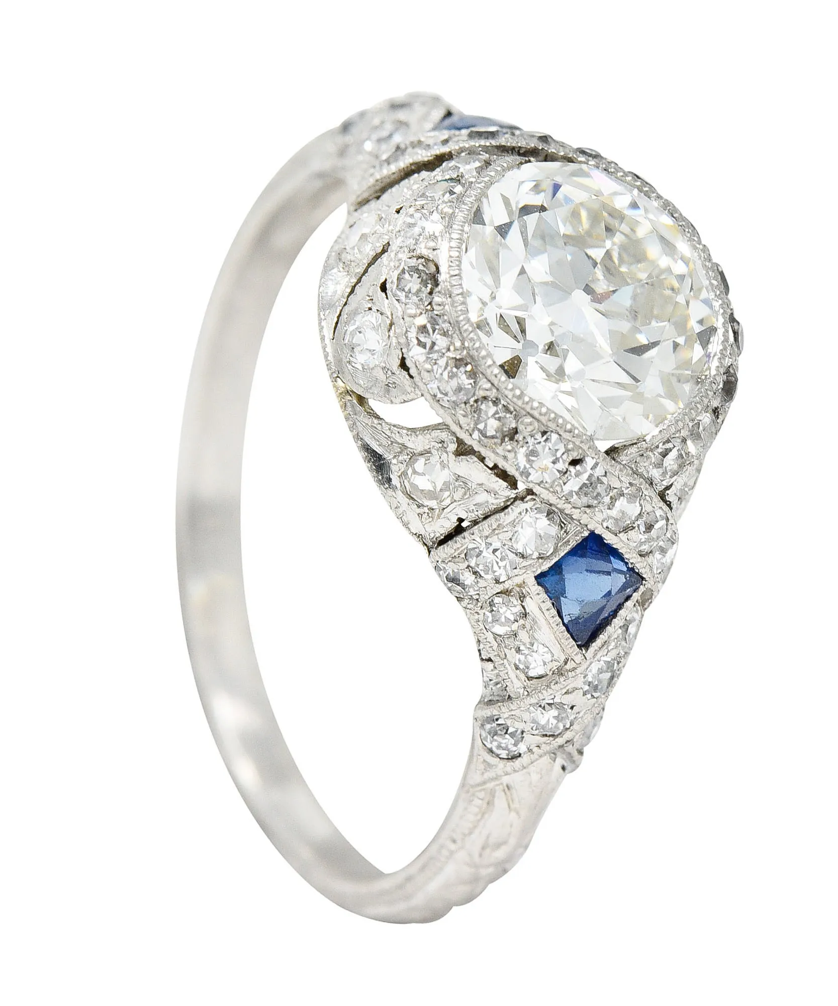 1930's Art Deco 2.57 CTW Diamond Sapphire Platinum Engagement Ring