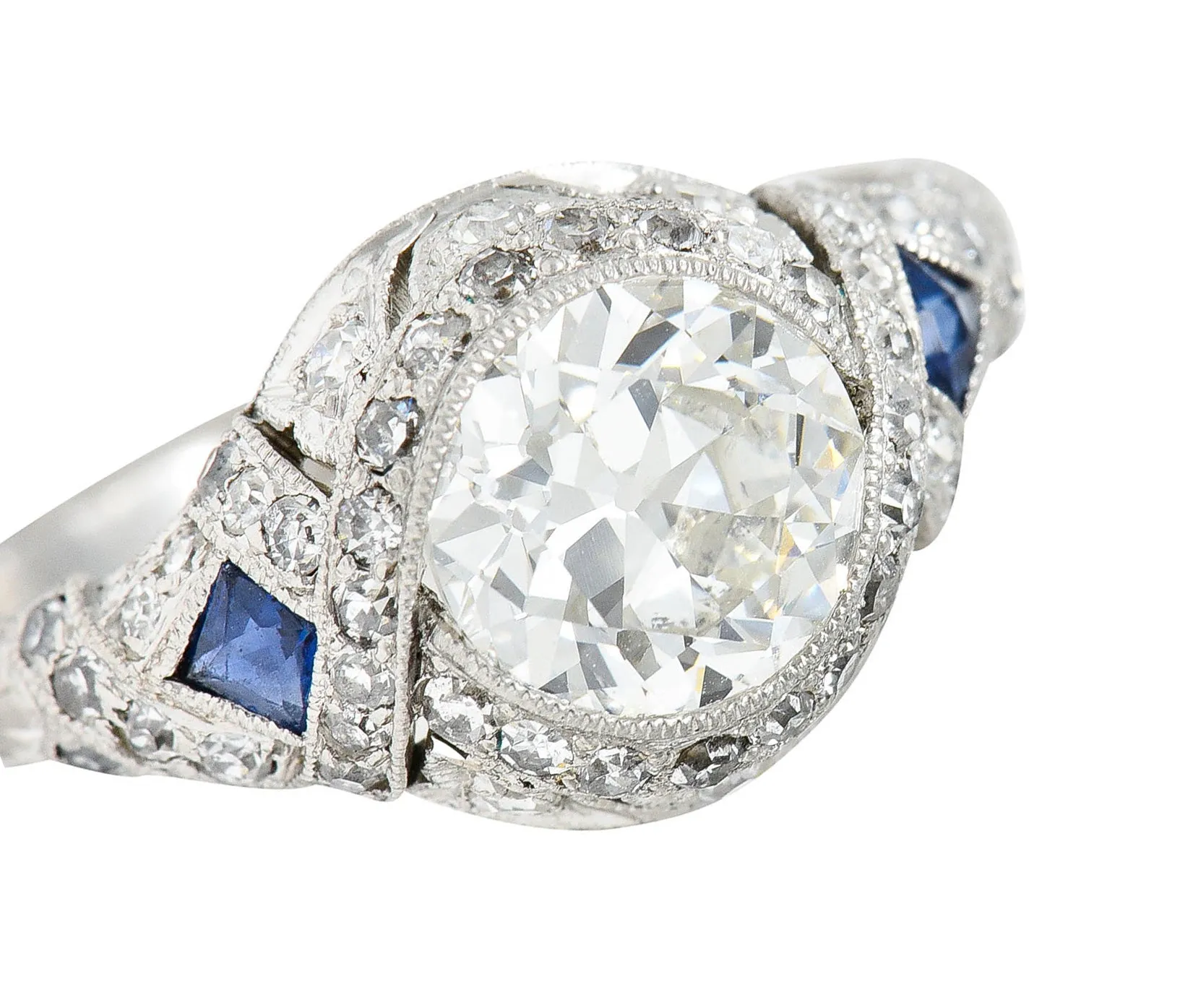 1930's Art Deco 2.57 CTW Diamond Sapphire Platinum Engagement Ring