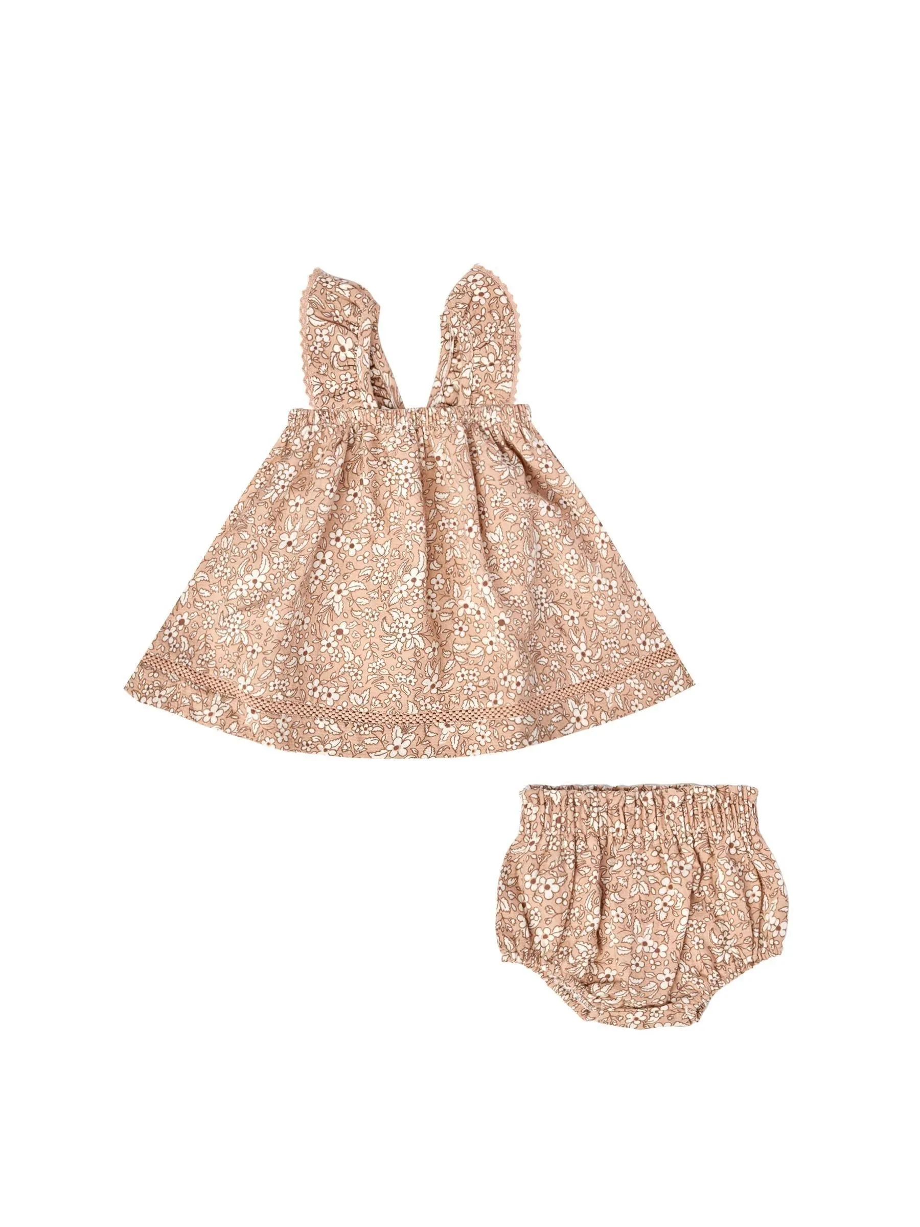 50% off ruffle tank dress and bloomer set in apricot floral pattern.