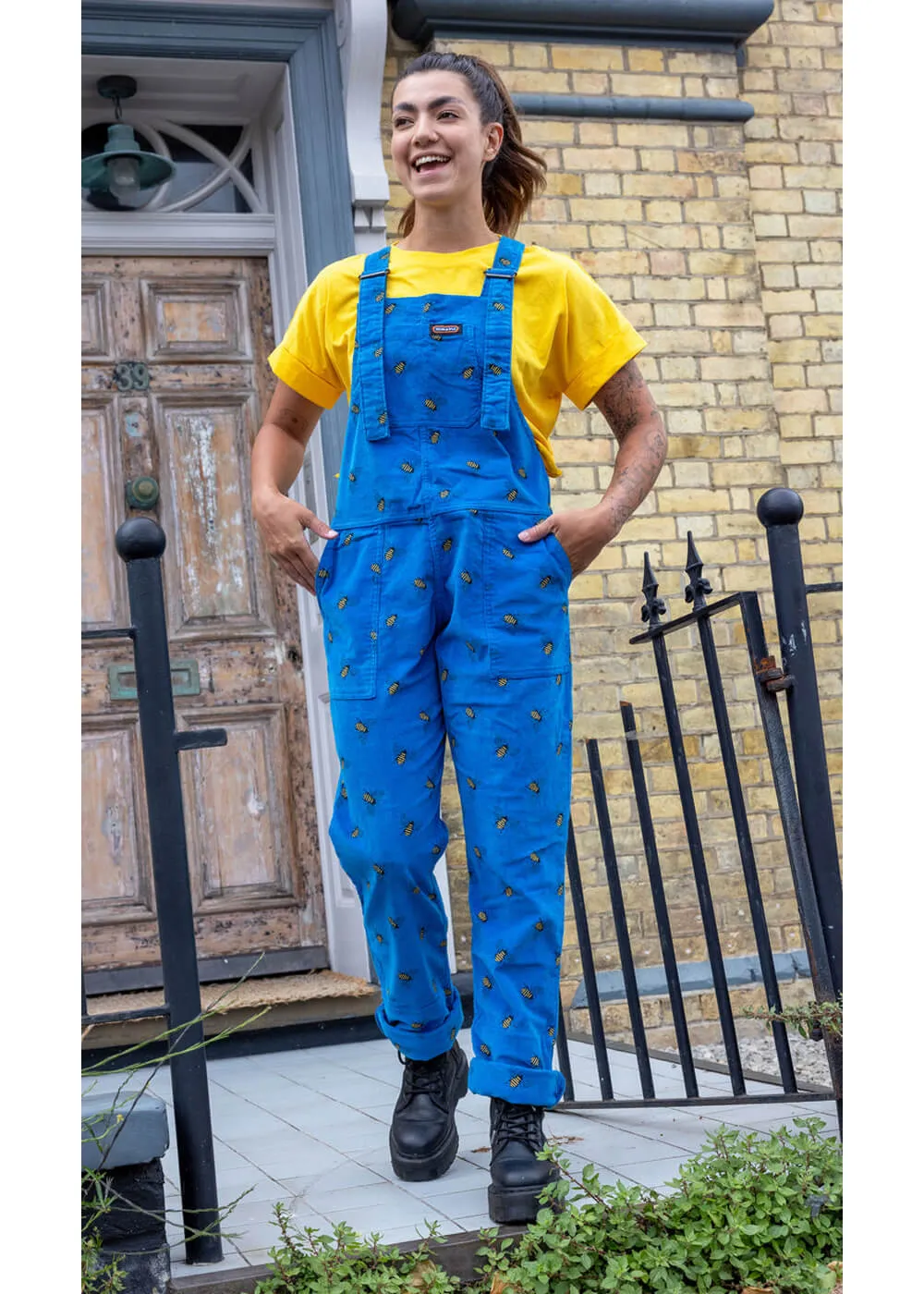 70's blue corduroy dungarees, Run & Fly, bee design