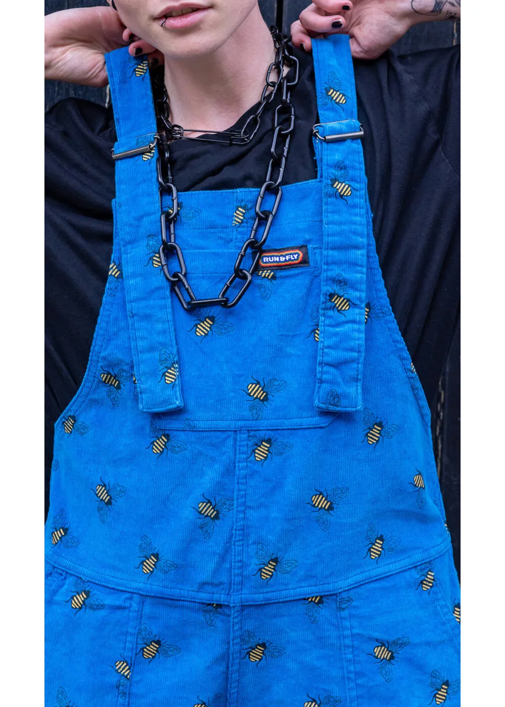 70's blue corduroy dungarees, Run & Fly, bee design