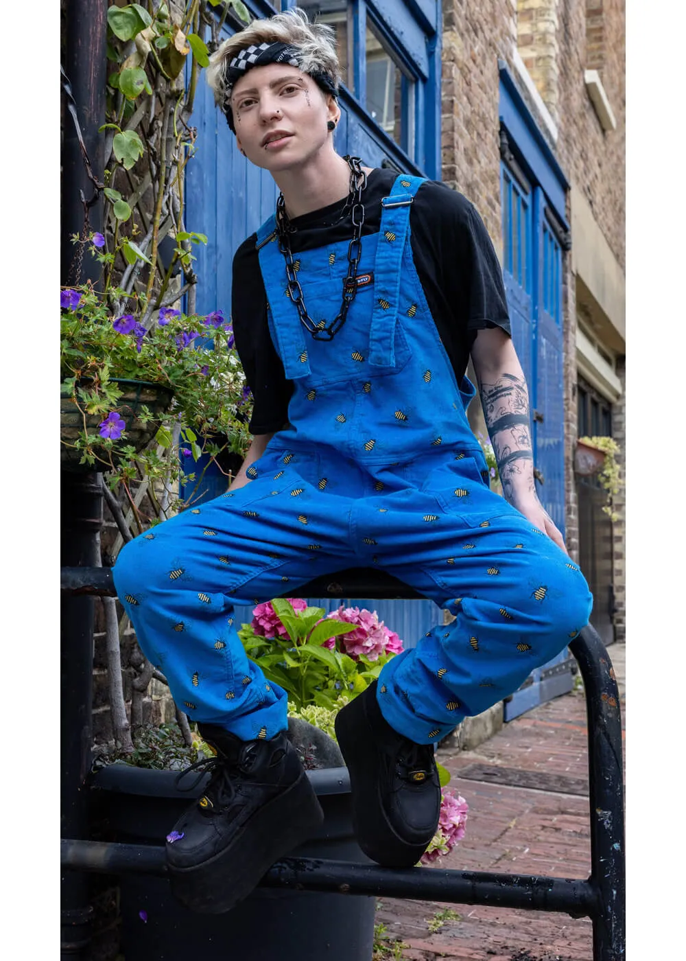 70's blue corduroy dungarees, Run & Fly, bee design