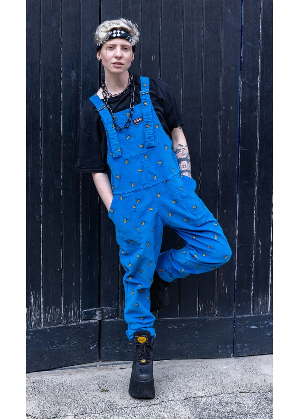 70's blue corduroy dungarees, Run & Fly, bee design