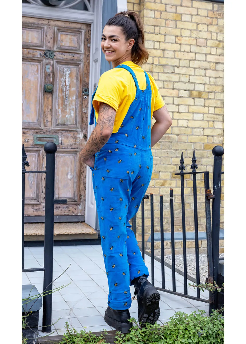 70's blue corduroy dungarees, Run & Fly, bee design