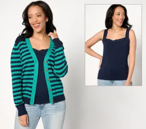 AnyBody Striped Cardigan & Solid Tank Sweater Set