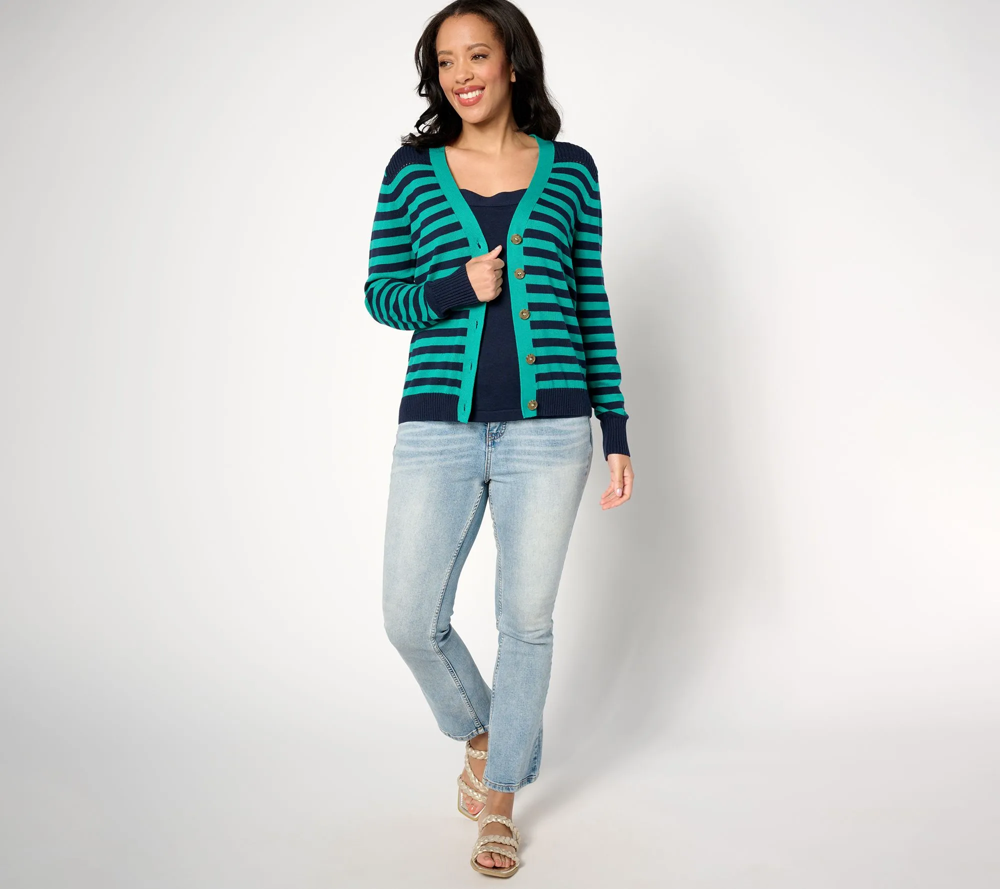 AnyBody Striped Cardigan & Solid Tank Sweater Set