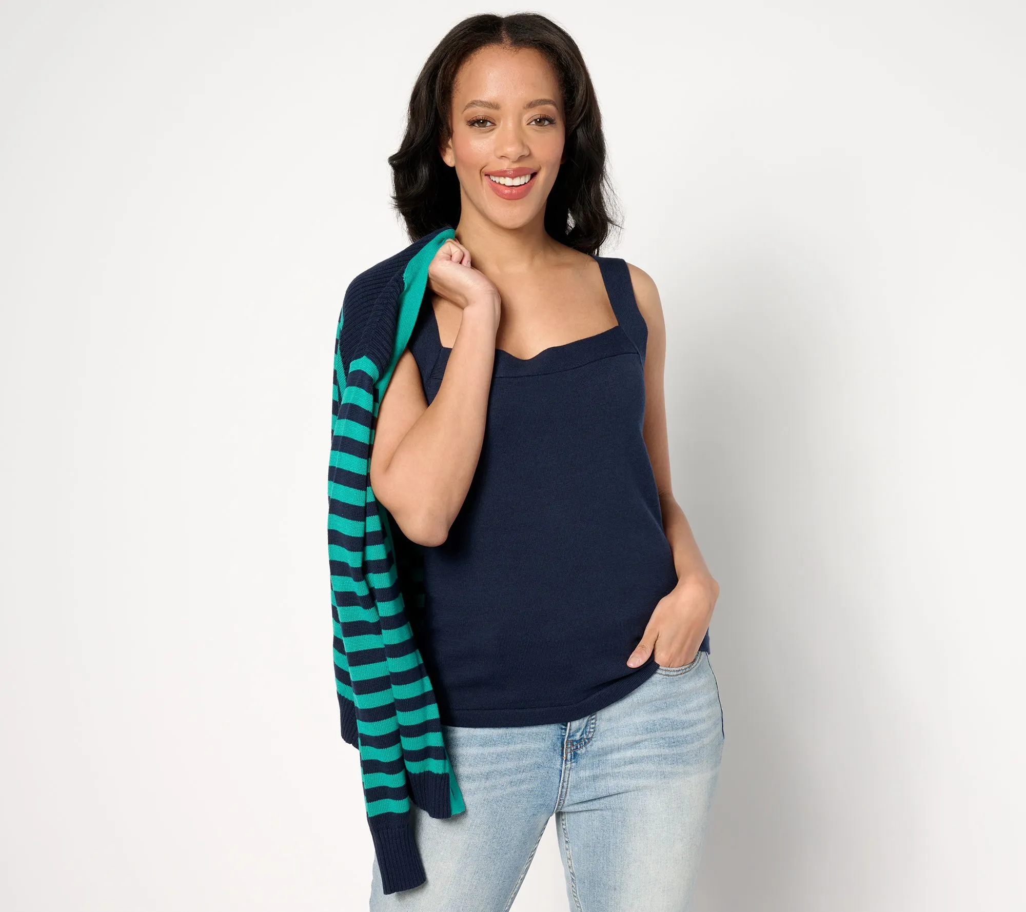 AnyBody Striped Cardigan & Solid Tank Sweater Set