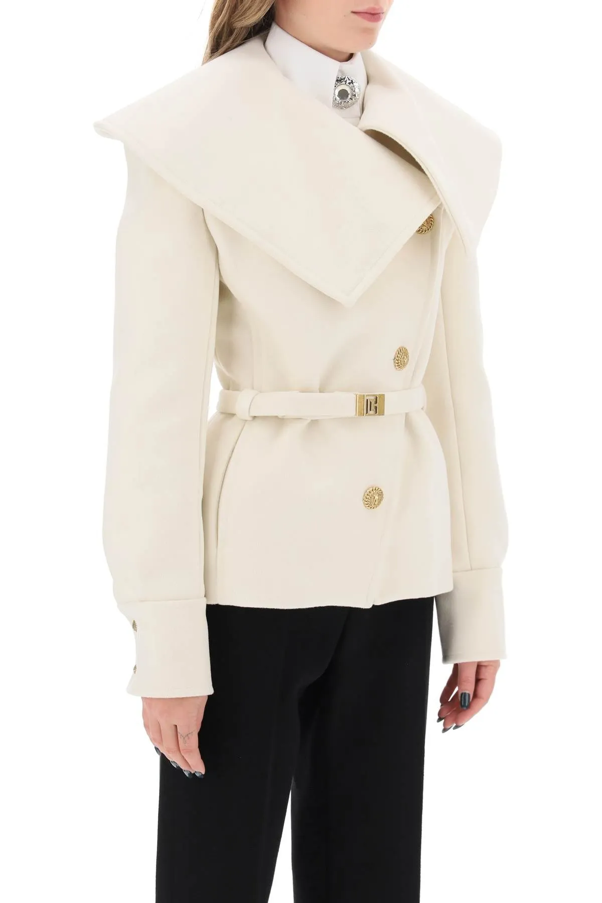 Balmain belted double-breasted peacoat BF0TE160WB72 BLANC