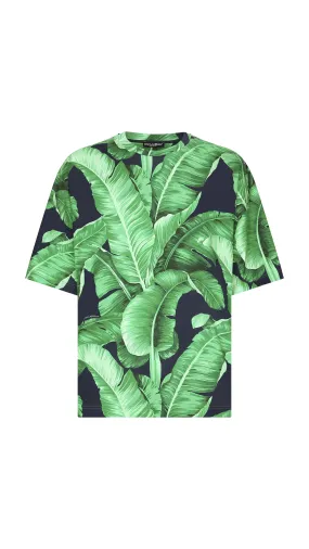 Black Banana Tree Print Cotton T-shirt with Short Sleeves