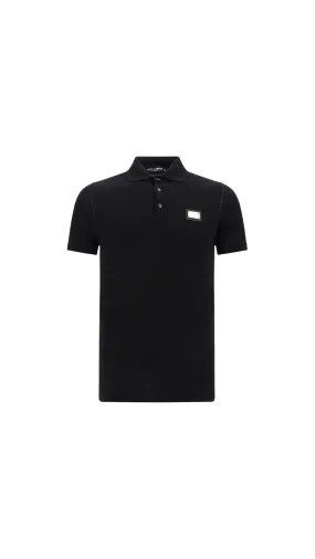 Black Cotton Piqué Polo-shirt with Branded Tag