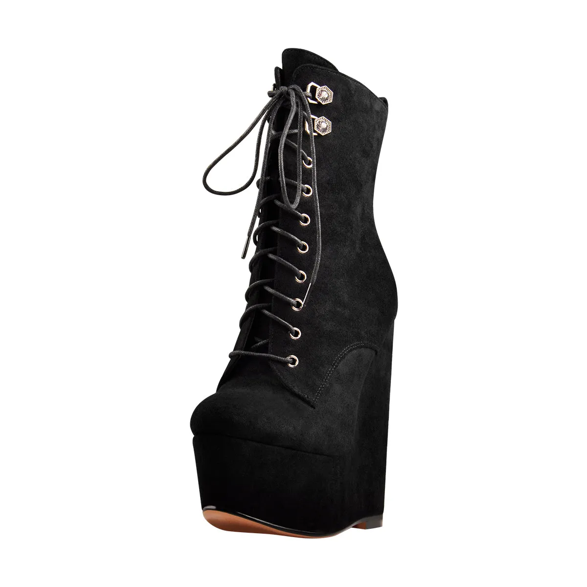 Black platform ankle boots with suede lace-up detail