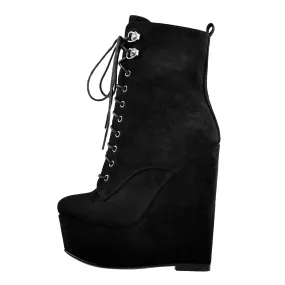 Black platform ankle boots with suede lace-up detail