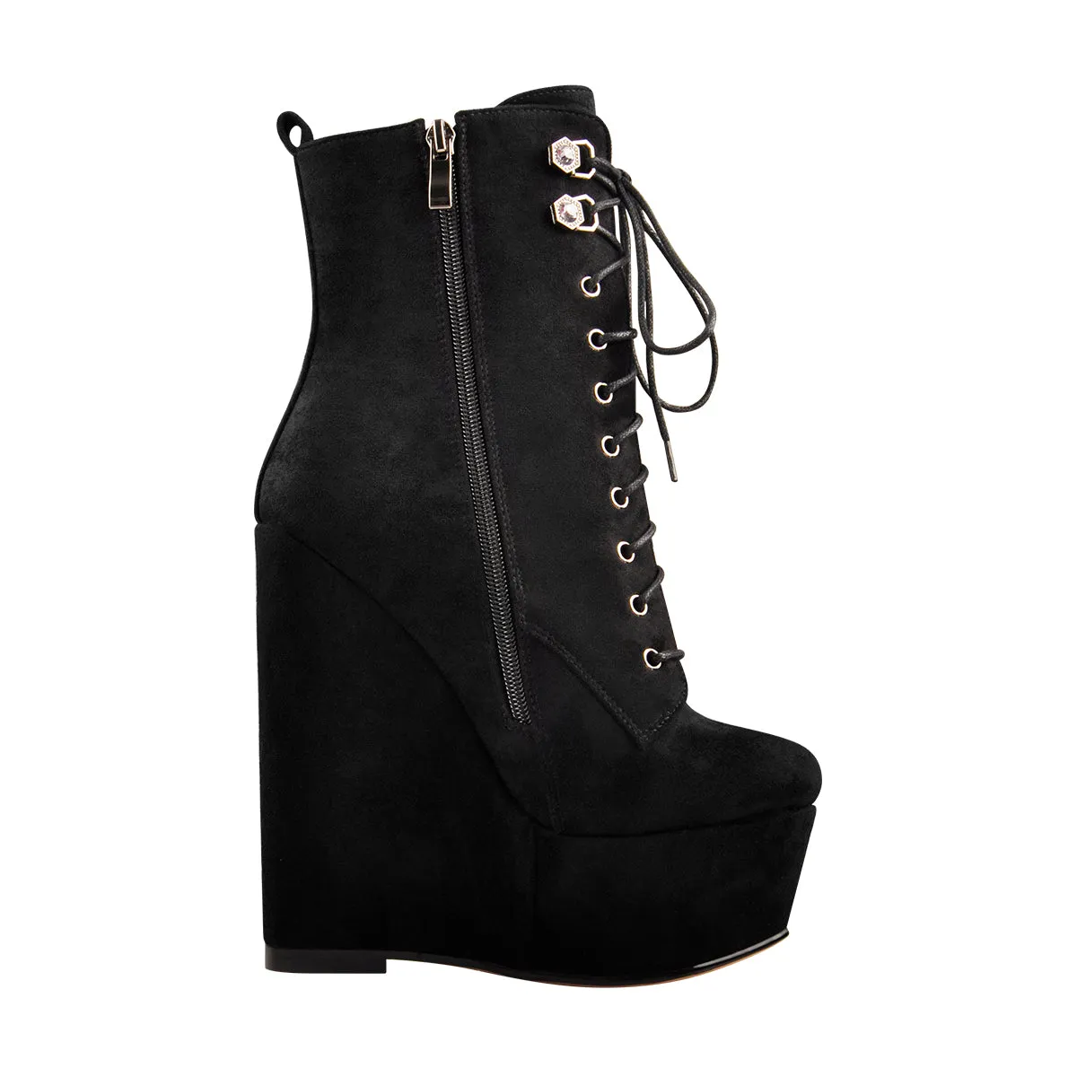 Black platform ankle boots with suede lace-up detail