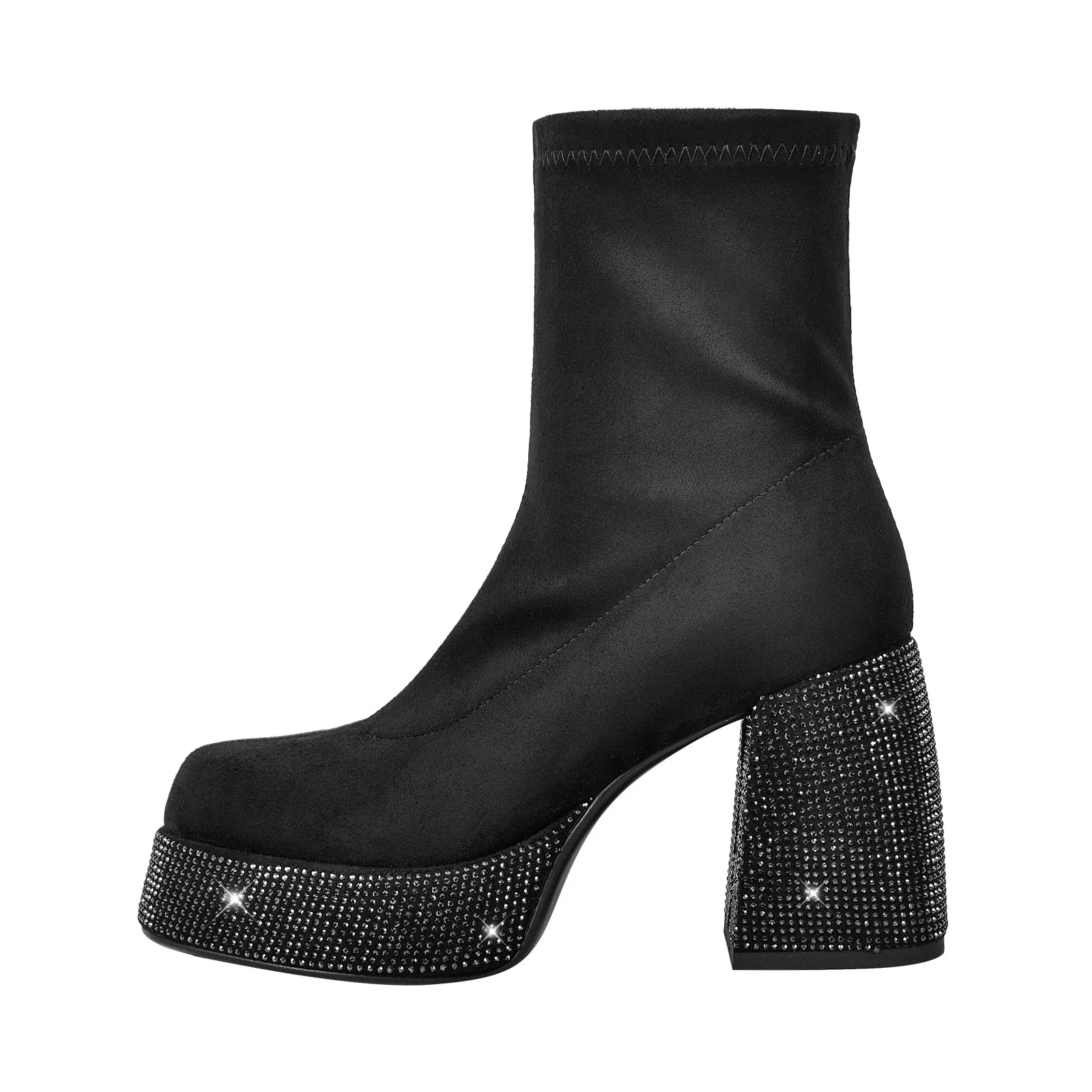 Black Rhinestone Ankle Boots with Chunky Heel and Round Toe