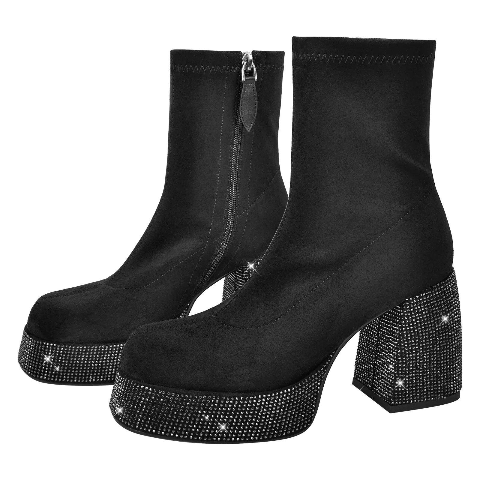 Black Rhinestone Ankle Boots with Chunky Heel and Round Toe