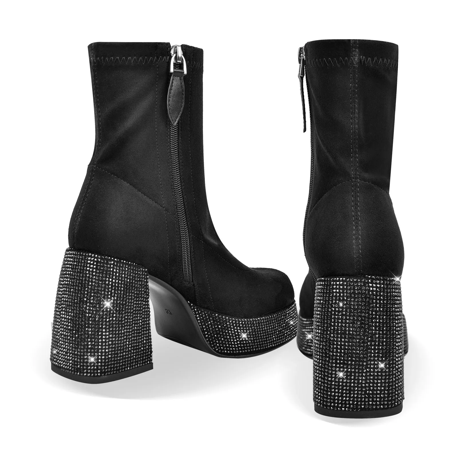 Black Rhinestone Ankle Boots with Chunky Heel and Round Toe