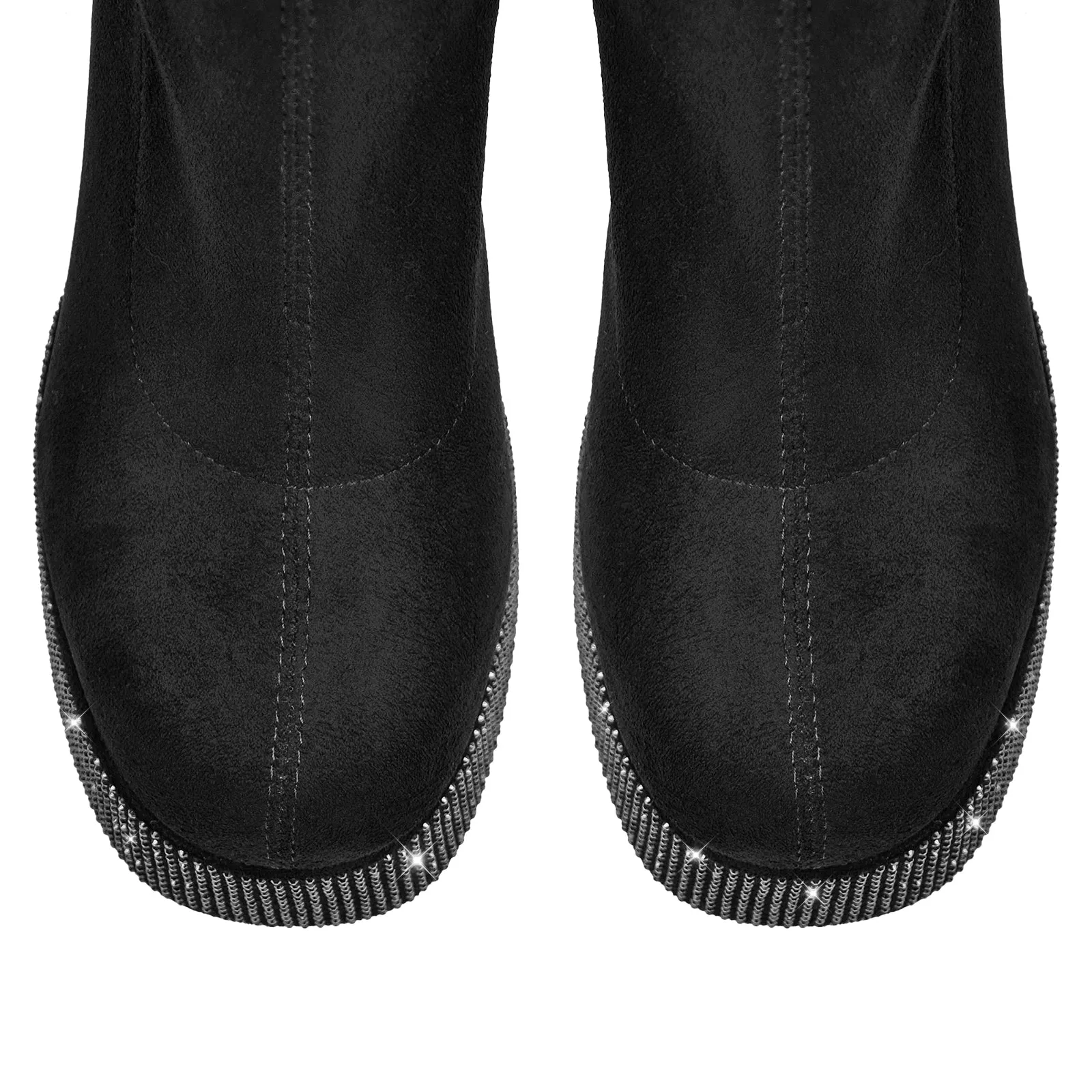 Black Rhinestone Ankle Boots with Chunky Heel and Round Toe