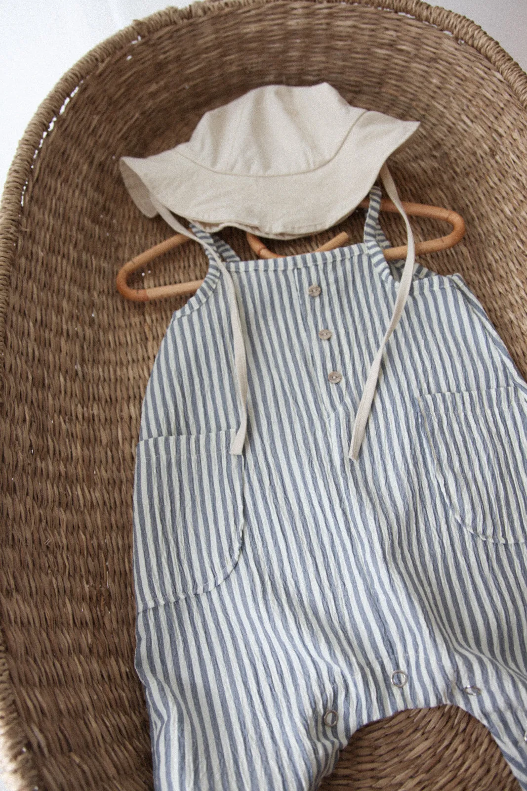 Blue Textured Stripe Pocket Jumpsuit: Stripe Pocket Jumpsuit - Blue-colored, Textured Fabric.