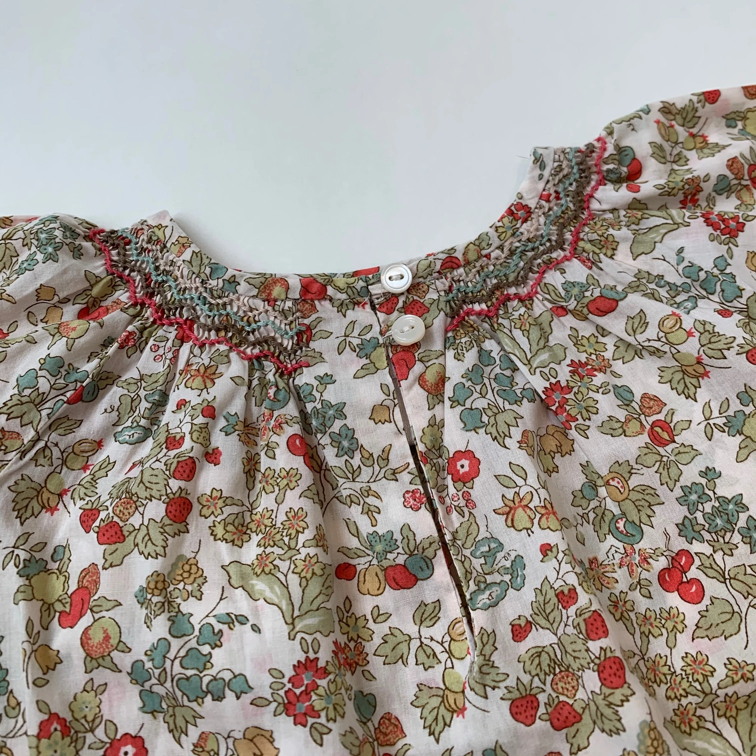 Bonpoint Strawberry Print Cotton Blouse with Smocking - 18 Months