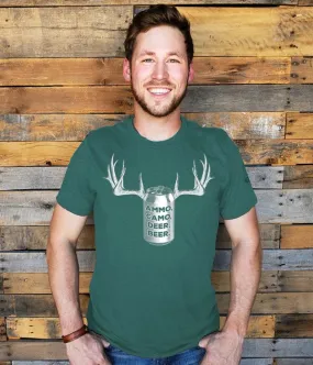 camouflage beer t-shirt with deer and ammunition