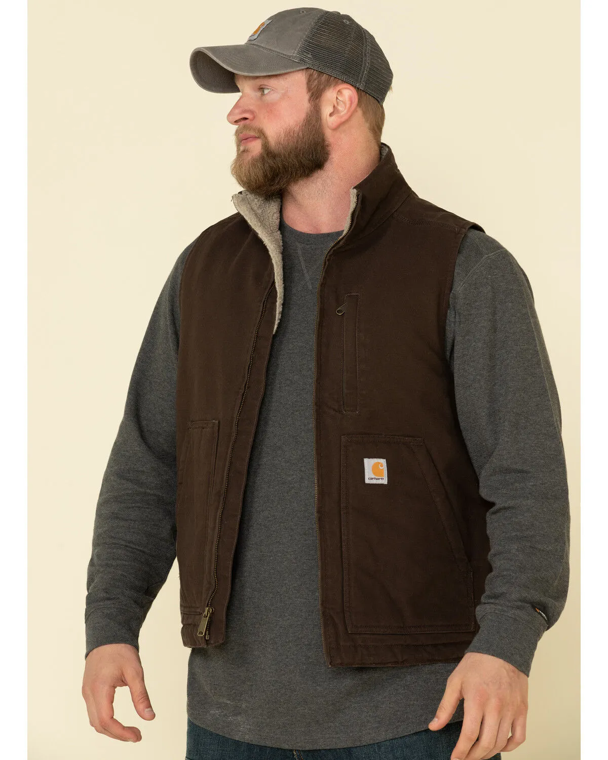 Carhartt Men's Dark Brown Washed Duck Sherpa Lined Mock Neck Loose Fit Work Vest