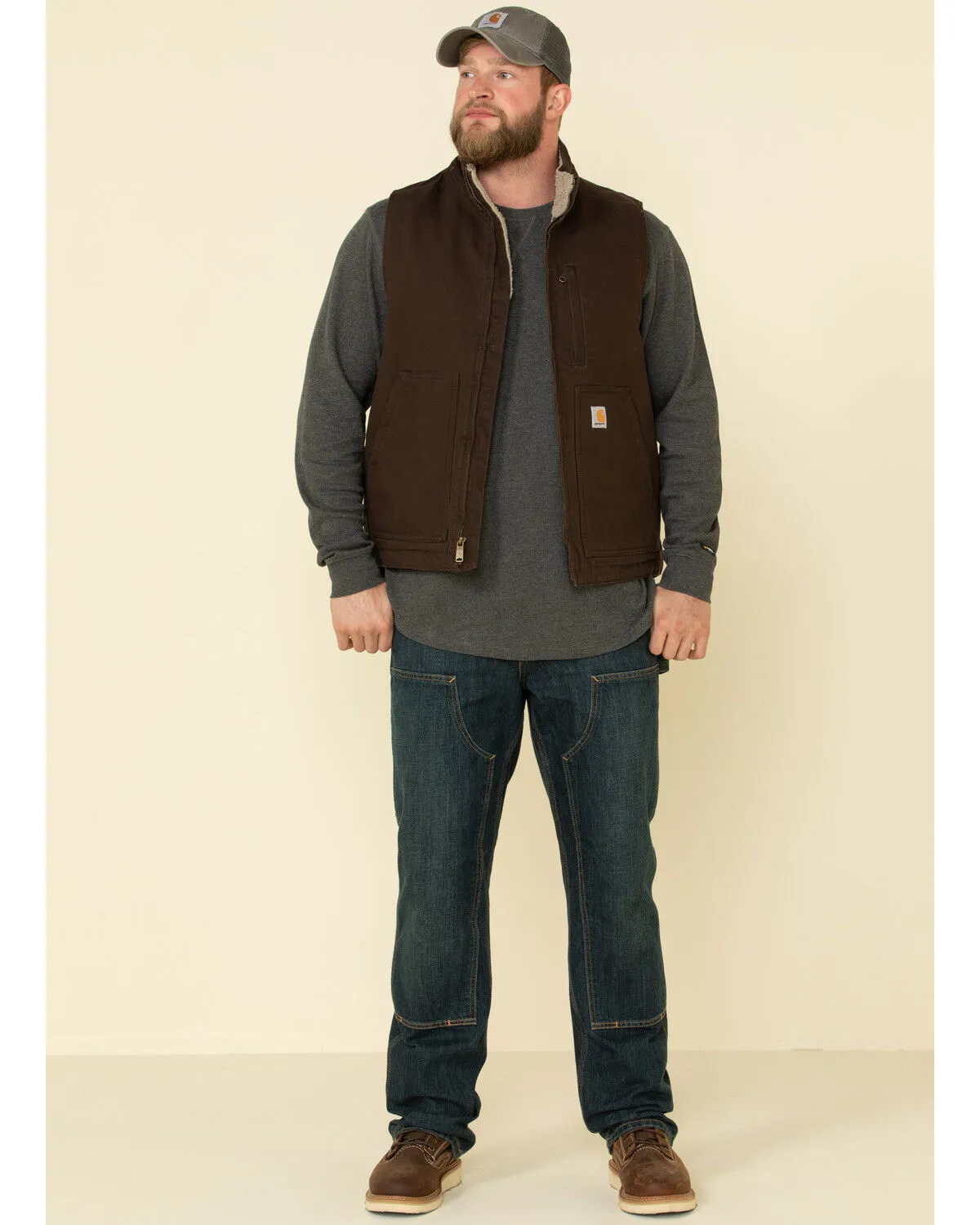 Carhartt Men's Dark Brown Washed Duck Sherpa Lined Mock Neck Loose Fit Work Vest