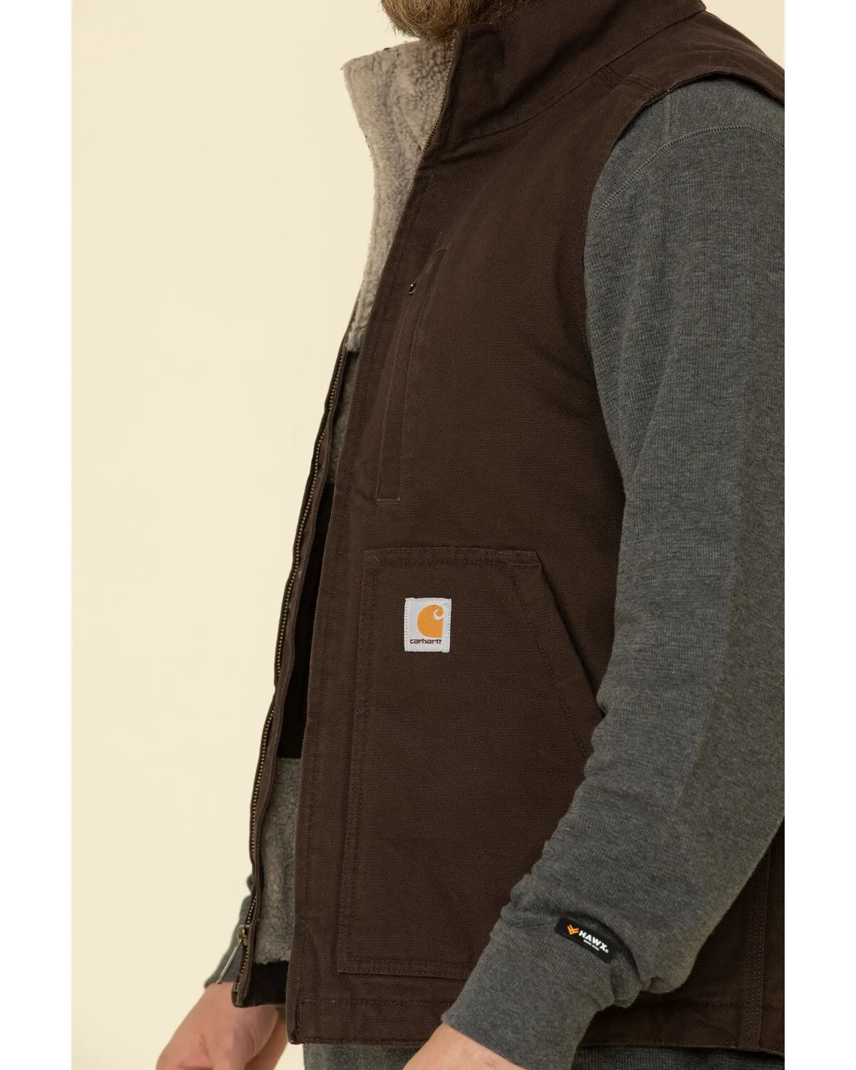 Carhartt Men's Dark Brown Washed Duck Sherpa Lined Mock Neck Loose Fit Work Vest