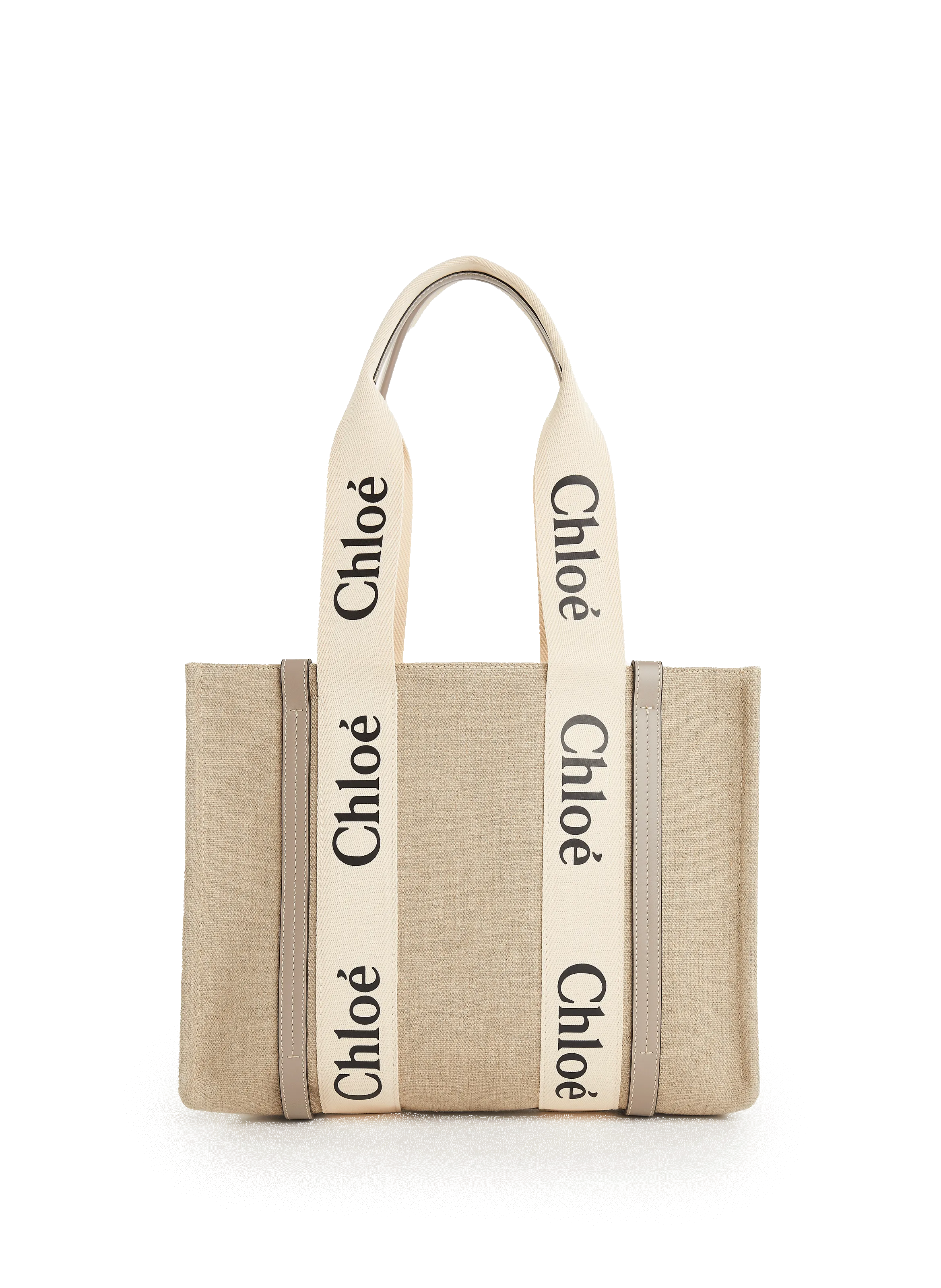 CHLOÉ  Leather and linen tote bag  - Beige