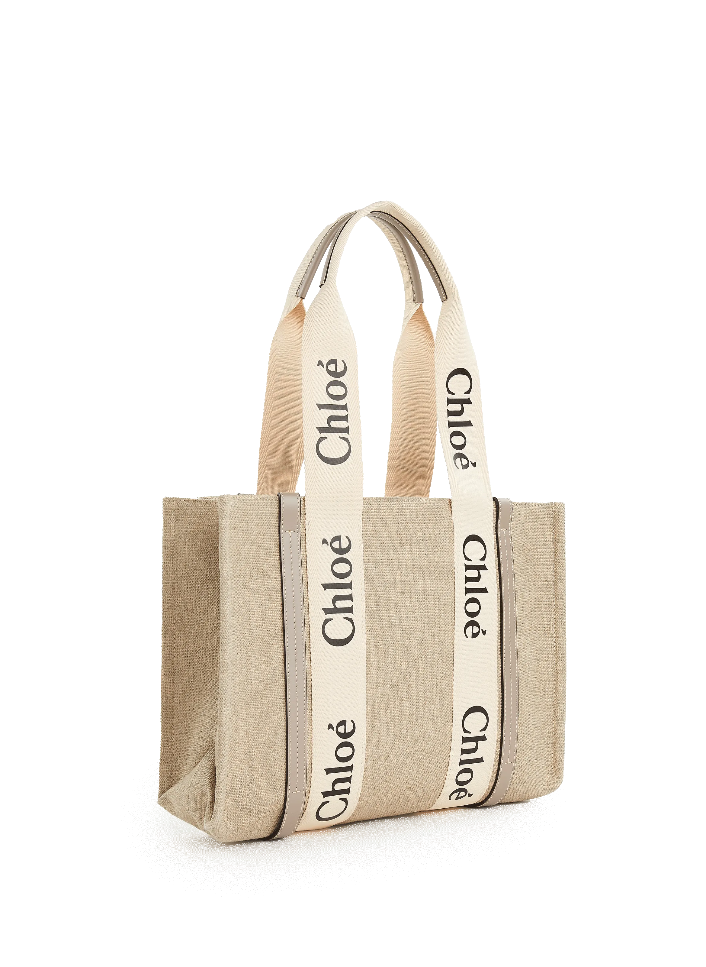 CHLOÉ  Leather and linen tote bag  - Beige