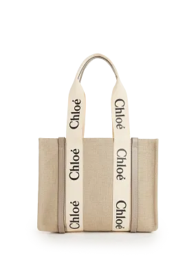 CHLOÉ  Leather and linen tote bag  - Beige