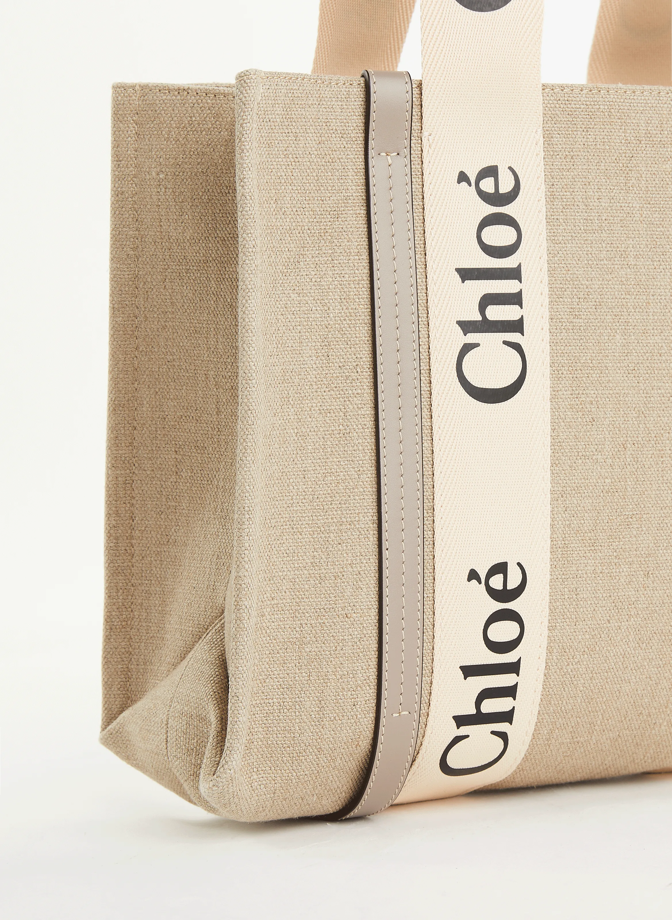 CHLOÉ  Leather and linen tote bag  - Beige