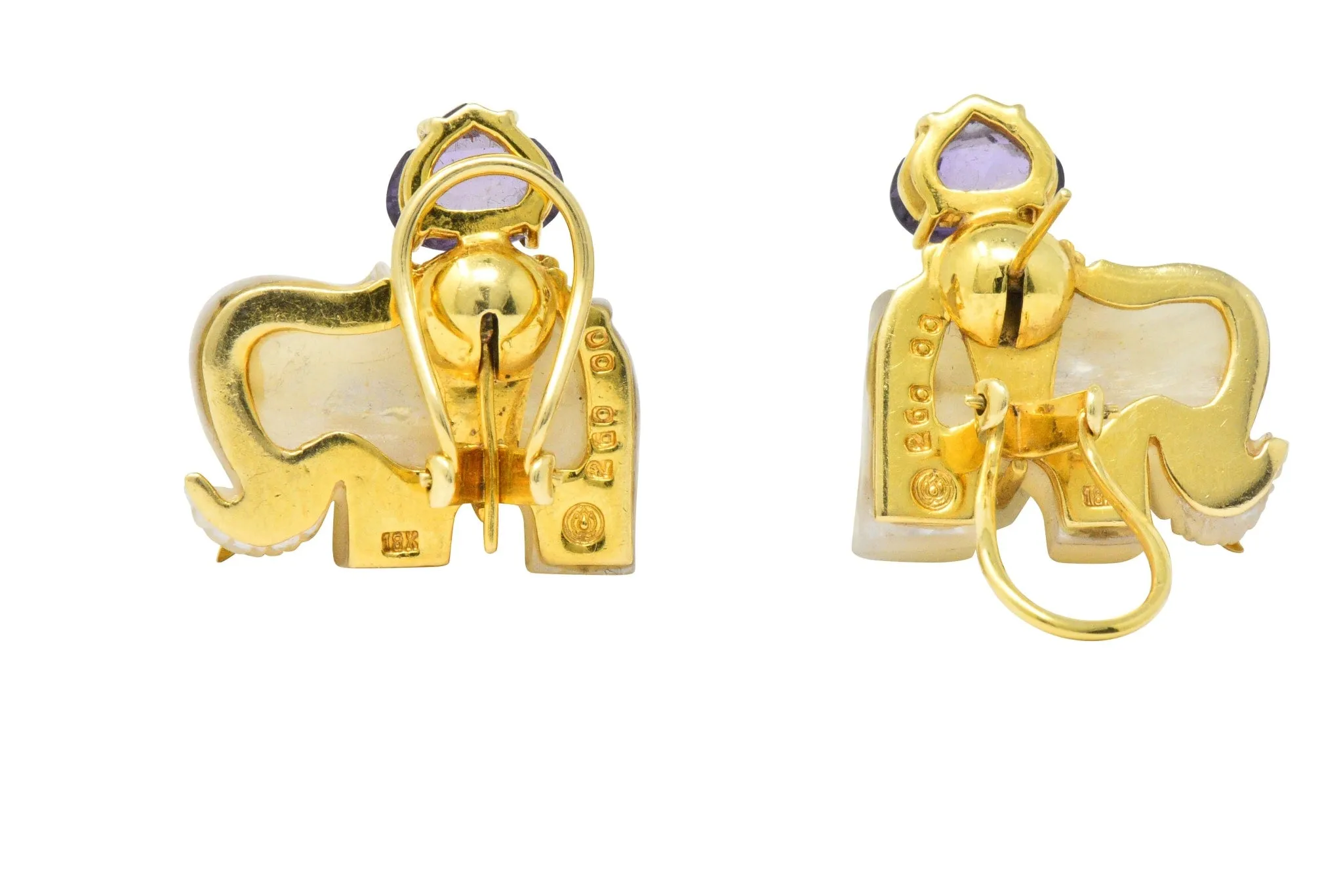 Contemporary Mother-Of-Pearl Amethyst Diamond 18 Karat Gold Elephant Earrings