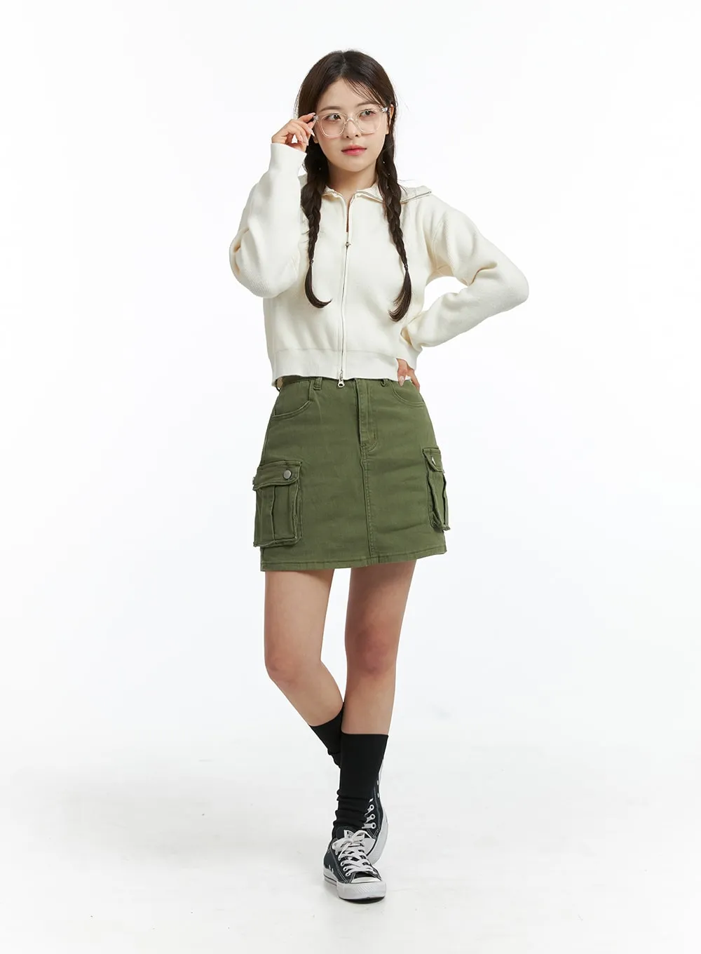 Denim High Waist Cargo Mini Skirt OJ415