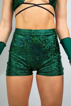 Emerald holographic high-waist shorts.