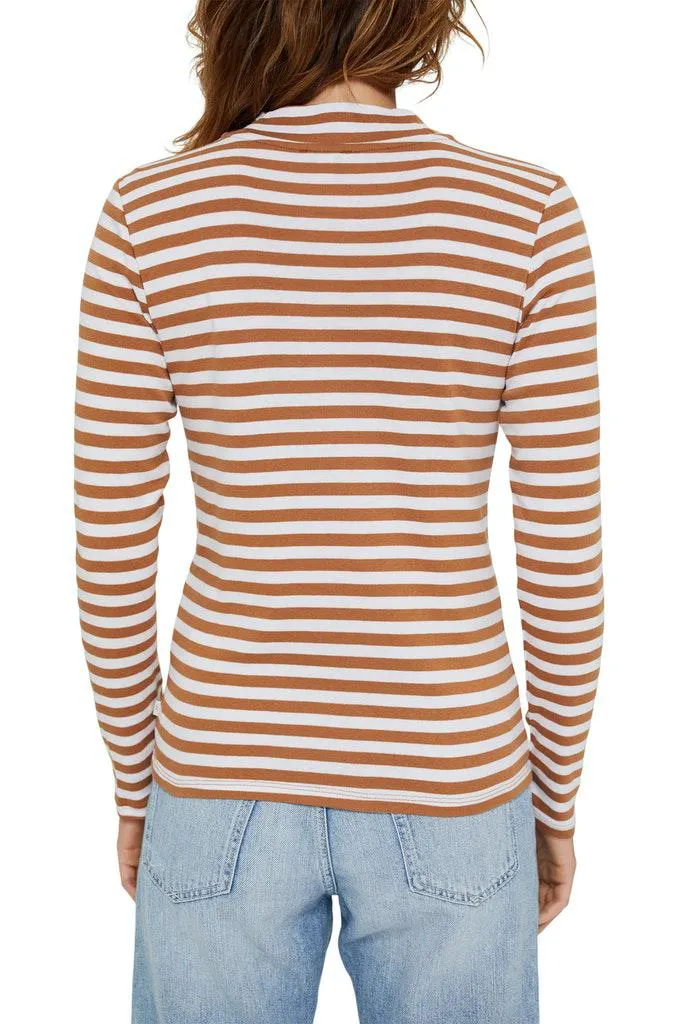 Esprit Long Sleeve Mock Neck Striped Organic Basic Tee - Camel/White