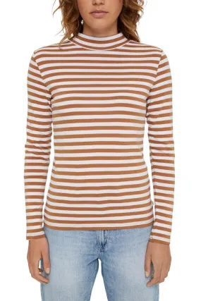 Esprit Long Sleeve Mock Neck Striped Organic Basic Tee - Camel/White