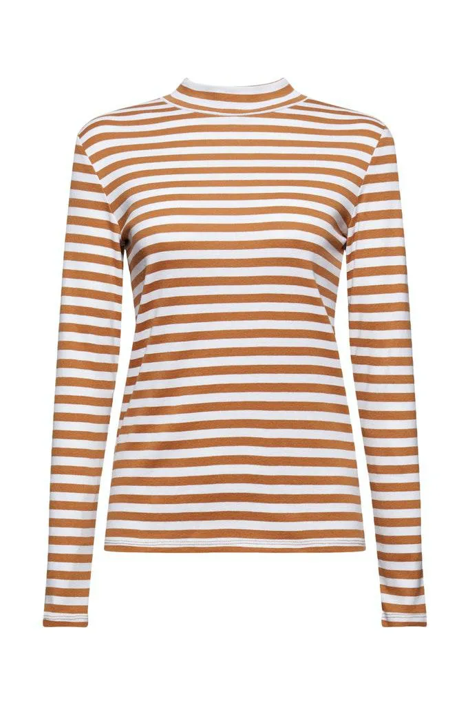 Esprit Long Sleeve Mock Neck Striped Organic Basic Tee - Camel/White