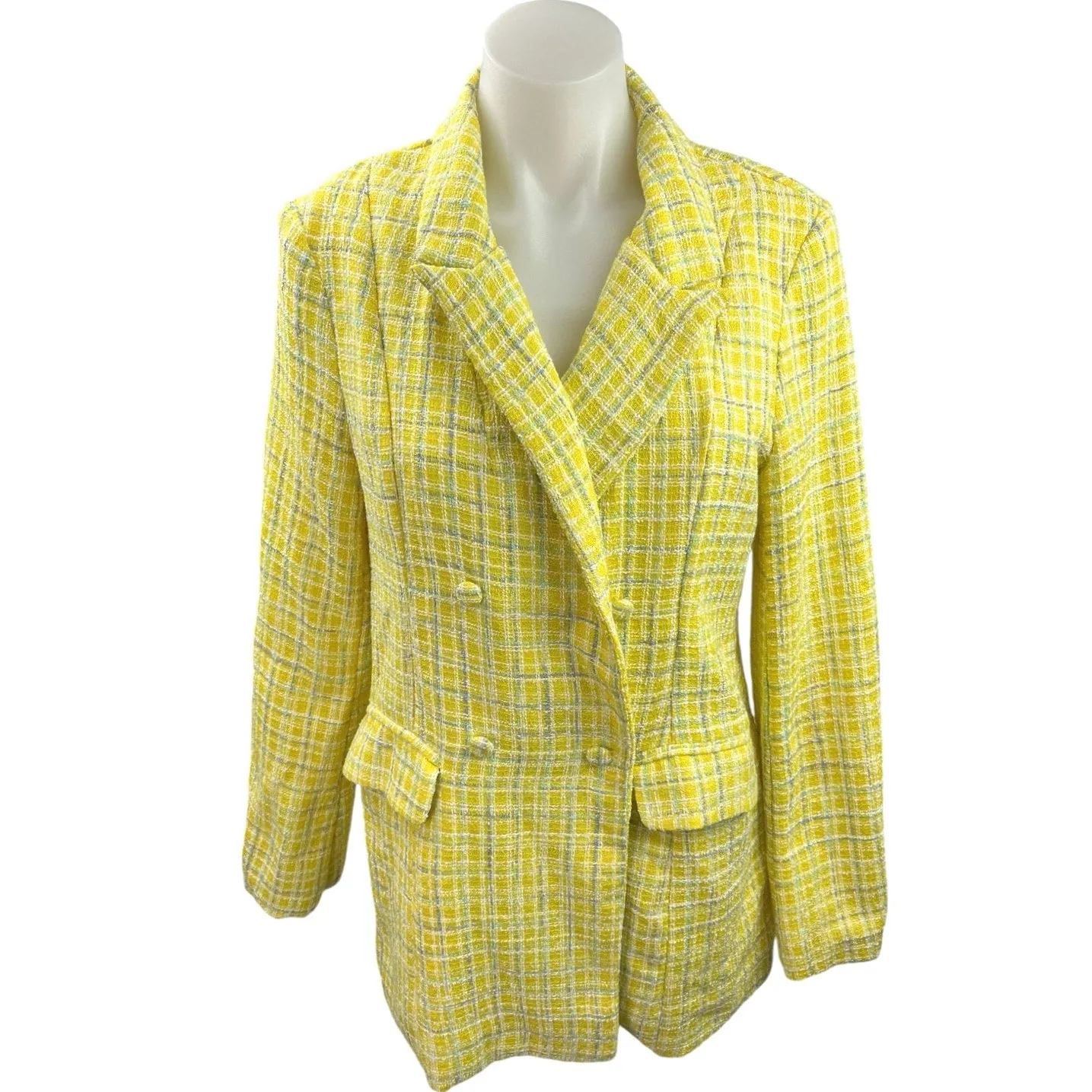 Fate Womens Yellow Double Breasted Plaid Tweed Career Business Blazer Jacket S