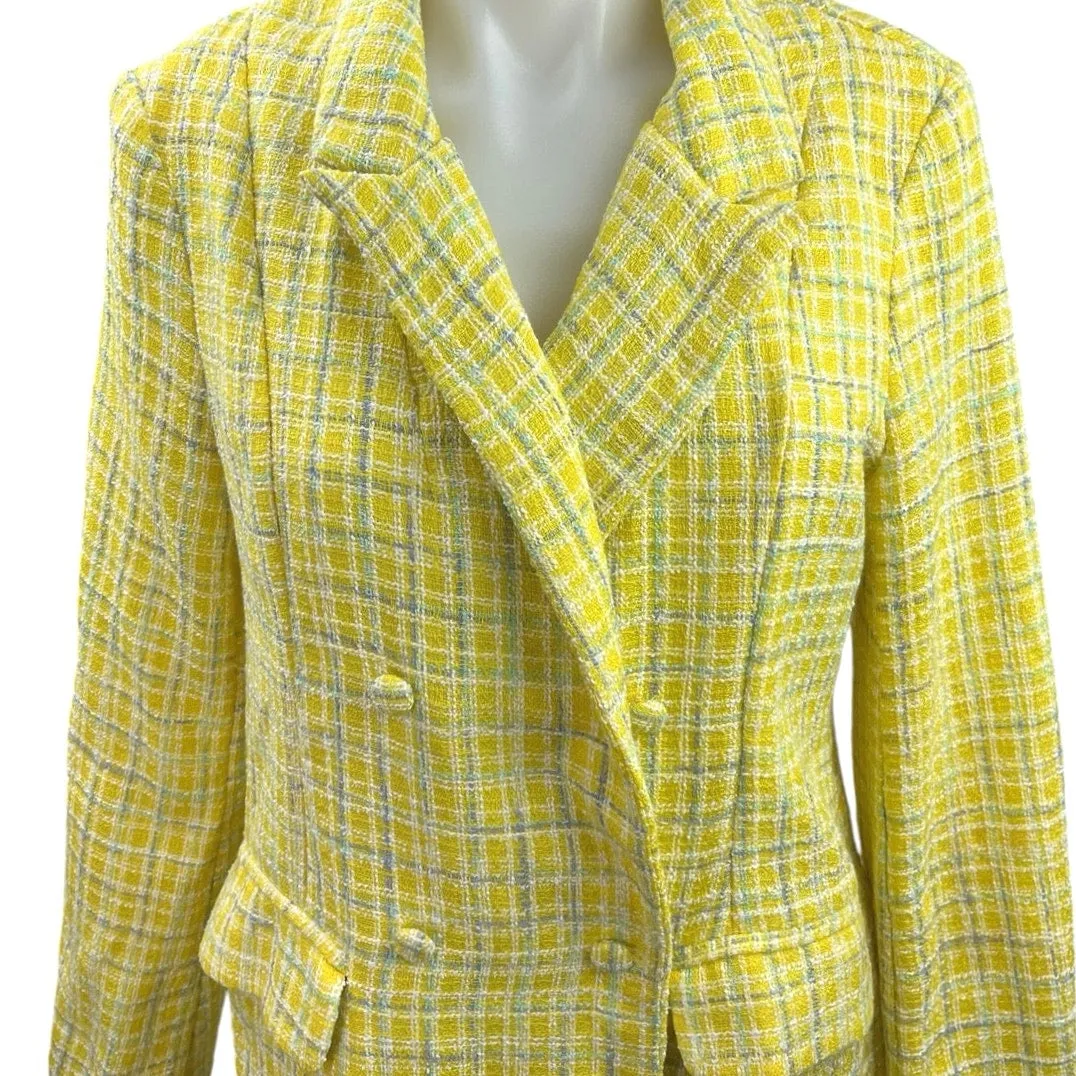 Fate Womens Yellow Double Breasted Plaid Tweed Career Business Blazer Jacket S