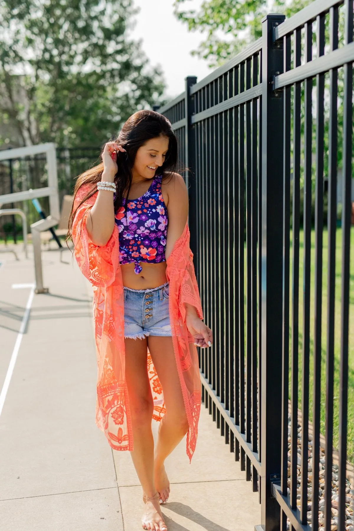 Floral Front Knot Swimsuit Tankini- Purple & Orange