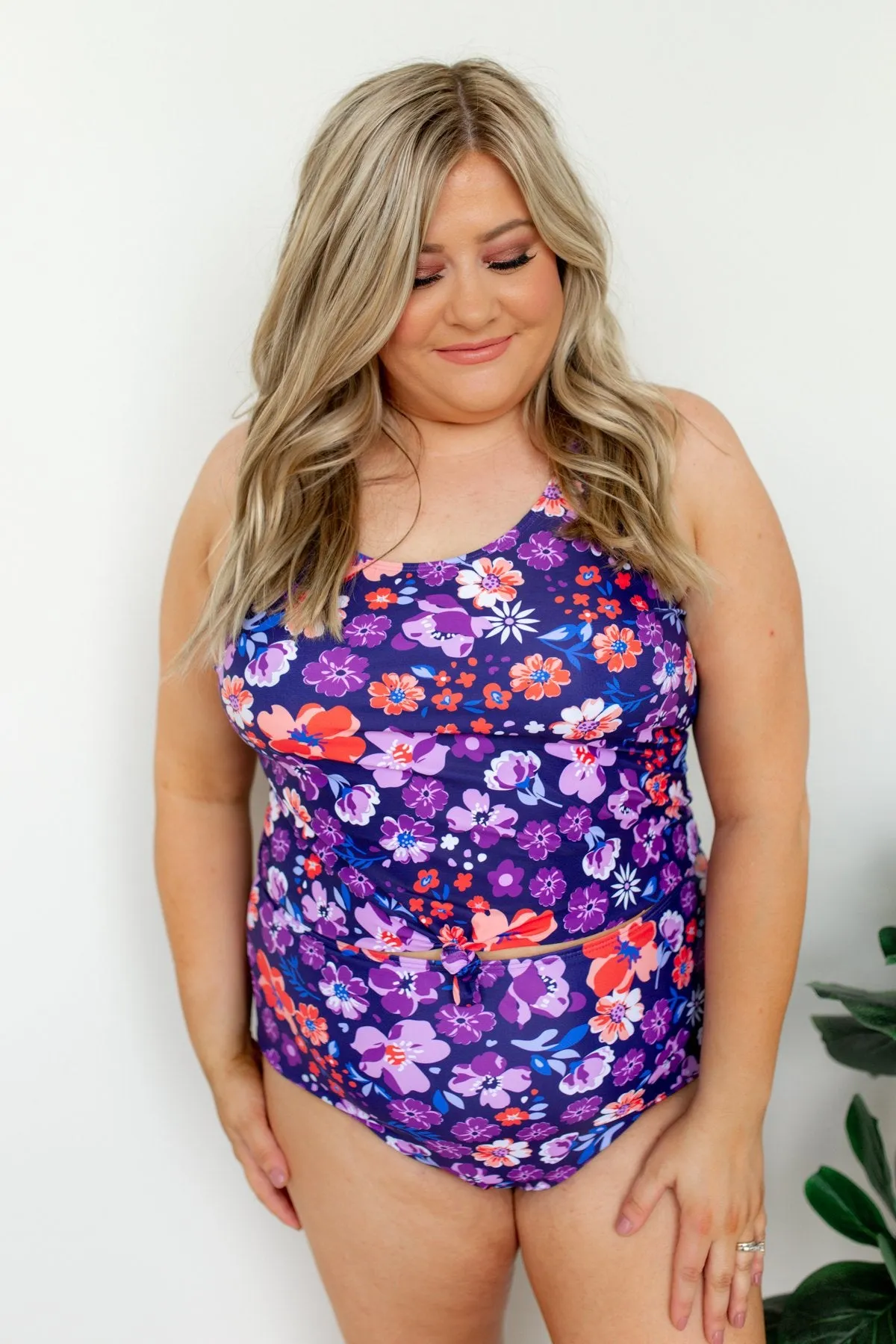 Floral Front Knot Swimsuit Tankini- Purple & Orange