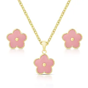 Flower Stud Earrings and Necklace Set - Pink