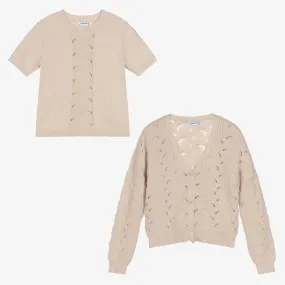 Girls Beige Knit Sweater Set