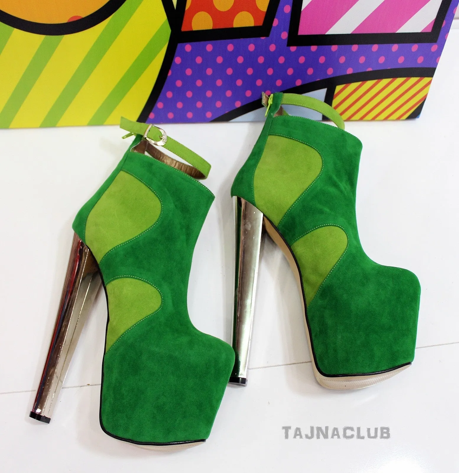 Green ankle boots, platform high heel shoes