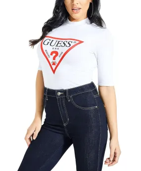 GUESS Women's White Mock Neck Elbow Sleeve Top X-Small